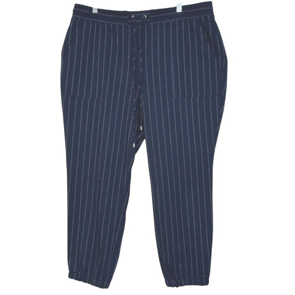 Nine West Pinstripe Drawstring Jogger Pants Women Blue Athleisure Relaxed Fit XL